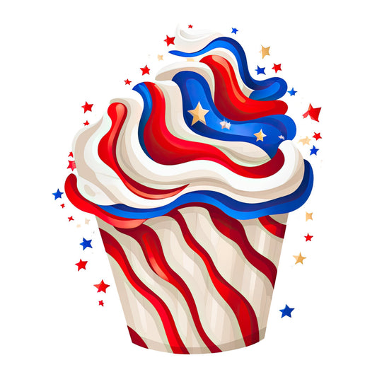 patriotic, red white blue, ice cream cone, fourth of july, memorial day, independence day, stars, striped, swirled, dessert, summer, festive, whimsical, playful, bright, bold colors, cream, navy blue, red, gold stars, fun, cheerful, sweet treat, americana, holiday, cone pattern, layered design, colorful, vibrant