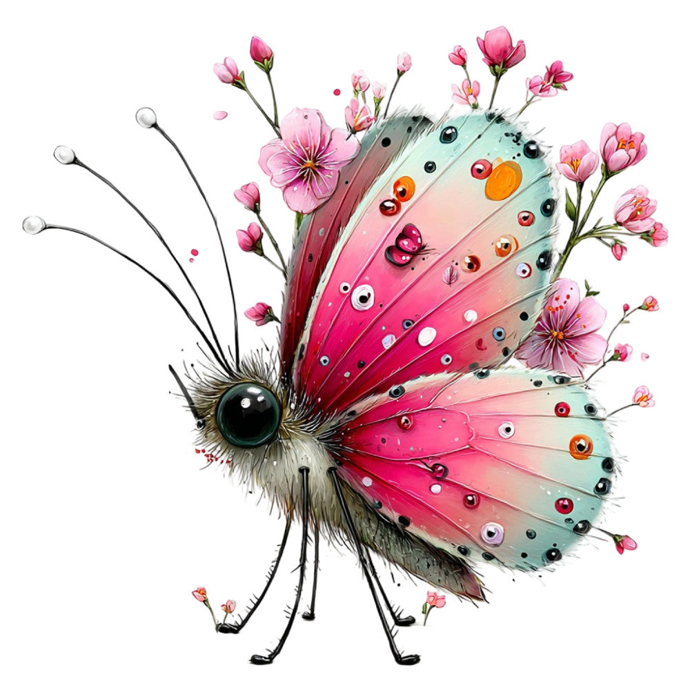 hot pink, coral pink, magenta, rose pink, mint green, sage green, peachy orange, gradient ombre, whimsical, nature, animals, butterfly, insects, floral, flowers, botanical, bird-like creature, fantasy, playful, modern, artistic, spring, summer, decorative beads, embellished, quirky, contemporary, garden theme, colorful, vibrant