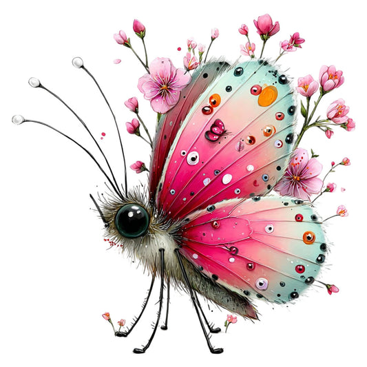hot pink, coral pink, magenta, rose pink, mint green, sage green, peachy orange, gradient ombre, whimsical, nature, animals, butterfly, insects, floral, flowers, botanical, bird-like creature, fantasy, playful, modern, artistic, spring, summer, decorative beads, embellished, quirky, contemporary, garden theme, colorful, vibrant
