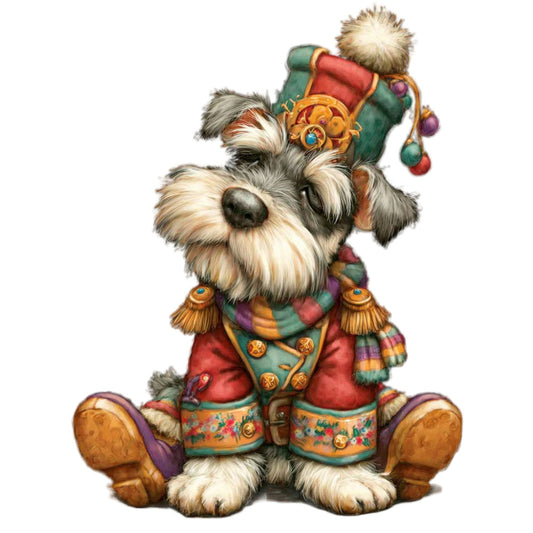 scottish terrier, dog, animal, whimsical, festive, holiday, christmas, winter, red, green, gold, cream, tan, brown, purple, plaid, tartan, military uniform, ornate, decorative, vintage, storybook, children's, cute, charming, dressed up, soldier, brass buttons, festive clothing, novelty print