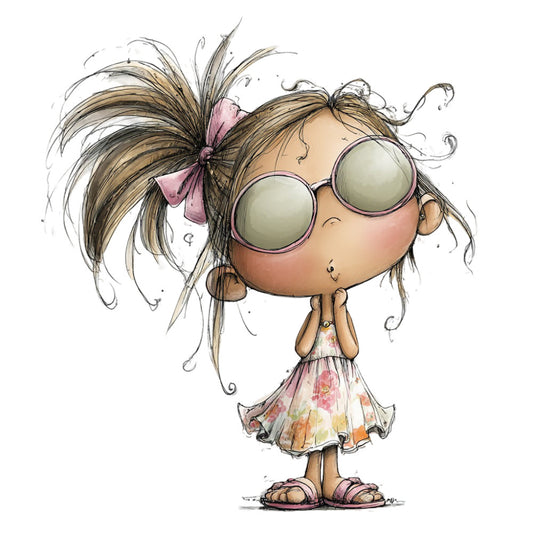 whimsical girl, brown hair, oversized glasses, pink bow, floral dress, pastel pink, sage green, cream, tan brown, illustration, character design, children's, girl motif, playful, modern whimsical, cute, innocent, youthful, fashion illustration, springtime, summer, baby girl, nursery, kids clothing, storybook, charming, sweet, casual wear
