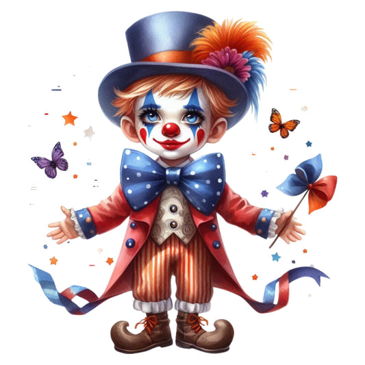 clown, whimsical, children, circus, red, navy blue, orange, colorful, polka dots, striped, stars, butterflies, top hat, bow tie, playful, cheerful, festive, fun, entertainment, vintage, character, novelty, performance, magical, rainbow, curly hair, striped pants, curled shoes, children's, playroom