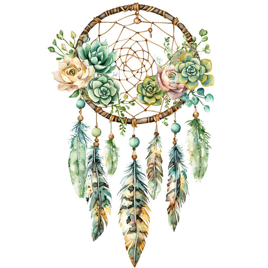 floral dreamcatcher, sage green, cream roses, succulents, feathers, beads, bohemian style, watercolor art, fabric panel, quilting cotton, nature motifs, soft pastels, brown hoop, eucalyptus leaves, pink florals, boho chic, peaceful mood, organic design, botanical elements, native inspired