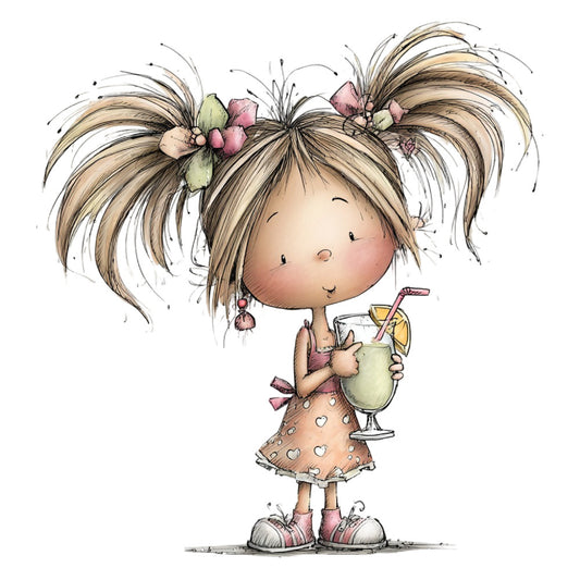 whimsical, girl character, pigtails, cute, children's, pastel colors, cream, peach, dusty rose, soft pink, sage green, floral hair clips, flowers, hearts, playful, illustration, character design, kids fabric, girl power, sweet, innocent, spring, summer, cheerful, decorative, storybook style, innocent charm, vintage inspired, sweet girl