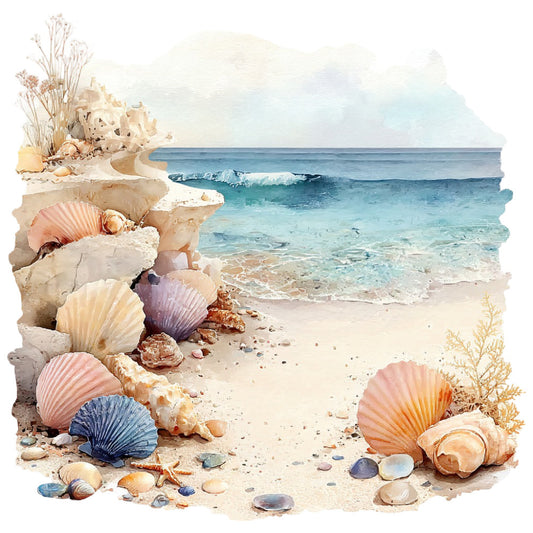 beach scene, coastal, seashells, ocean waves, turquoise water, sandy beach, nautical, summer, seaside, shell motifs, starfish, pastel colors, cream, sandy beige, soft blue, dusty rose, coral pink, lavender, navy blue, watercolor style, aquatic, tropical, relaxing, peaceful, nature-inspired, decorative panel, wall hanging, ocean theme