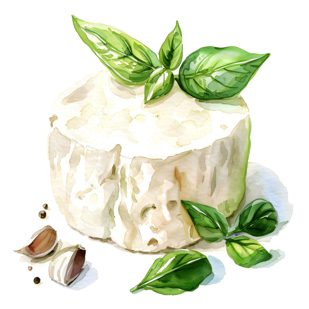 cream cheese, fresh mozzarella, basil, garlic, food illustration, culinary, cooking, kitchen, italian, green leaves, white cheese, watercolor, botanical, food art, gourmet, recipe, spring, summer, farmhouse, rustic, elegant, natural, organic, sage green, ivory white, tan, food themed, culinary design, culinary art, foodie
