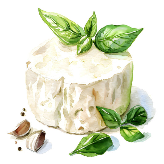cream cheese, fresh mozzarella, basil, garlic, food illustration, culinary, cooking, kitchen, italian, green leaves, white cheese, watercolor, botanical, food art, gourmet, recipe, spring, summer, farmhouse, rustic, elegant, natural, organic, sage green, ivory white, tan, food themed, culinary design, culinary art, foodie