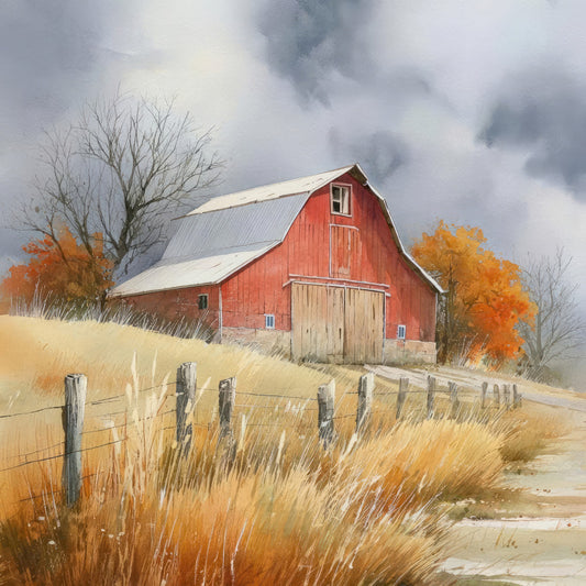 red barn, farmhouse, autumn, fall foliage, countryside, rural landscape, golden field, weathered wood fence, dramatic sky, stormy clouds, harvest season, traditional americana, rustic, nature scene, barn landscape, orange trees, bare branches, pastoral, agricultural, vintage farmstead, cream and red, gray sky, gold and rust tones, peaceful scenery, country living, seasonal, wall hanging, home decor