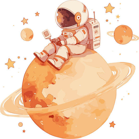 astronaut, space exploration, outer space, celestial, planets, stars, orange, cream, peach, tan, beige, rust, burnt orange, whimsical, playful, modern, adventure, science fiction, child, children, baby, kids, educational, cosmic, galaxy, moon, spacecraft, helmet, futuristic, wall hanging