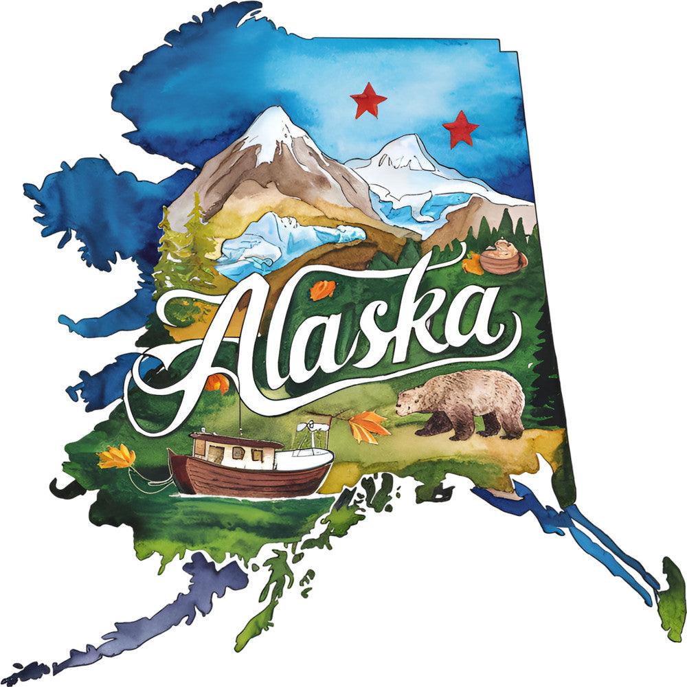 Classic US States Fabric Panel 34 featuring artistic Alaska map with mountains, bear, boat, and nature scene on premium quilting cotton.