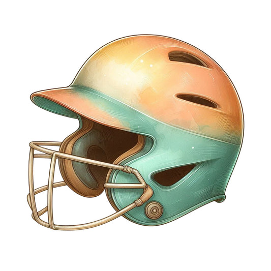 peach, mint green, bronze, gradient, ombre, sports, baseball, helmet, athletic, vintage, retro, americana, nostalgic, illustration, detailed, boys, men, summer, spring, sports theme, baseball helmet, team colors, watercolor style, whimsical, decorative, apparel, home decor, wall art, novelty, game day