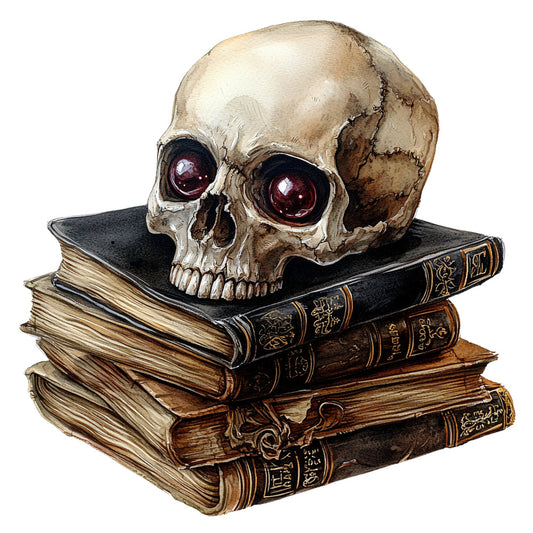 skull, cream, beige, tan, brown, black, burgundy, dark red, gothic, vintage, books, literary, academia, halloween, spooky, macabre, death, dark academia, skeleton, memento mori, antique, elegant, moody, witchy, mystical, intellectual, classic literature, old books, ornate, steampunk