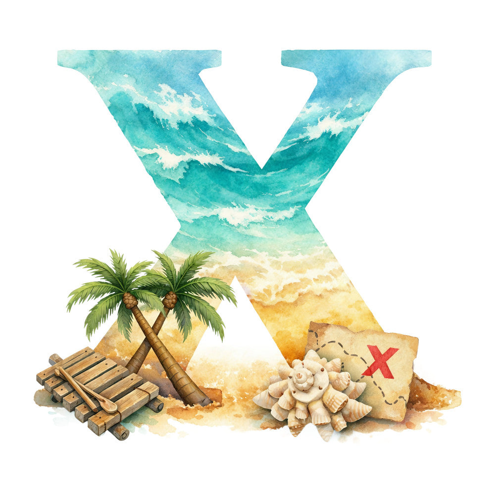 turquoise, aqua blue, sandy beige, cream, ocean waves, tropical, beach, nautical, palm trees, treasure map, coastal, summer, whimsical, watercolor, letter x, alphabet, children's, adventure, seaside, sand, shells, wooden deck chair, pirates, island, travel theme, playful, illustrated, seaside theme
