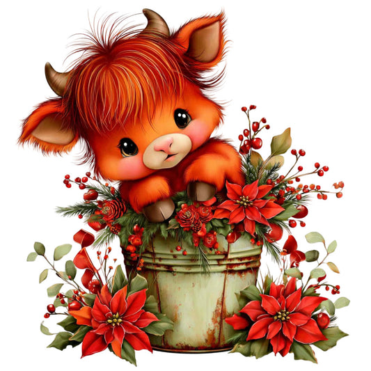 red highland cattle, orange cow, christmas, holiday, festive, poinsettia, red flowers, berry branches, rustic bucket, farmhouse, whimsical, cute animals, country style, seasonal, winter, red and cream, burnt orange, forest green, sage green, traditional, pastoral, decorative panel, wall hanging, baby quilt, nursery, folk art style, charming, vintage inspired, natural elements, floral arrangement