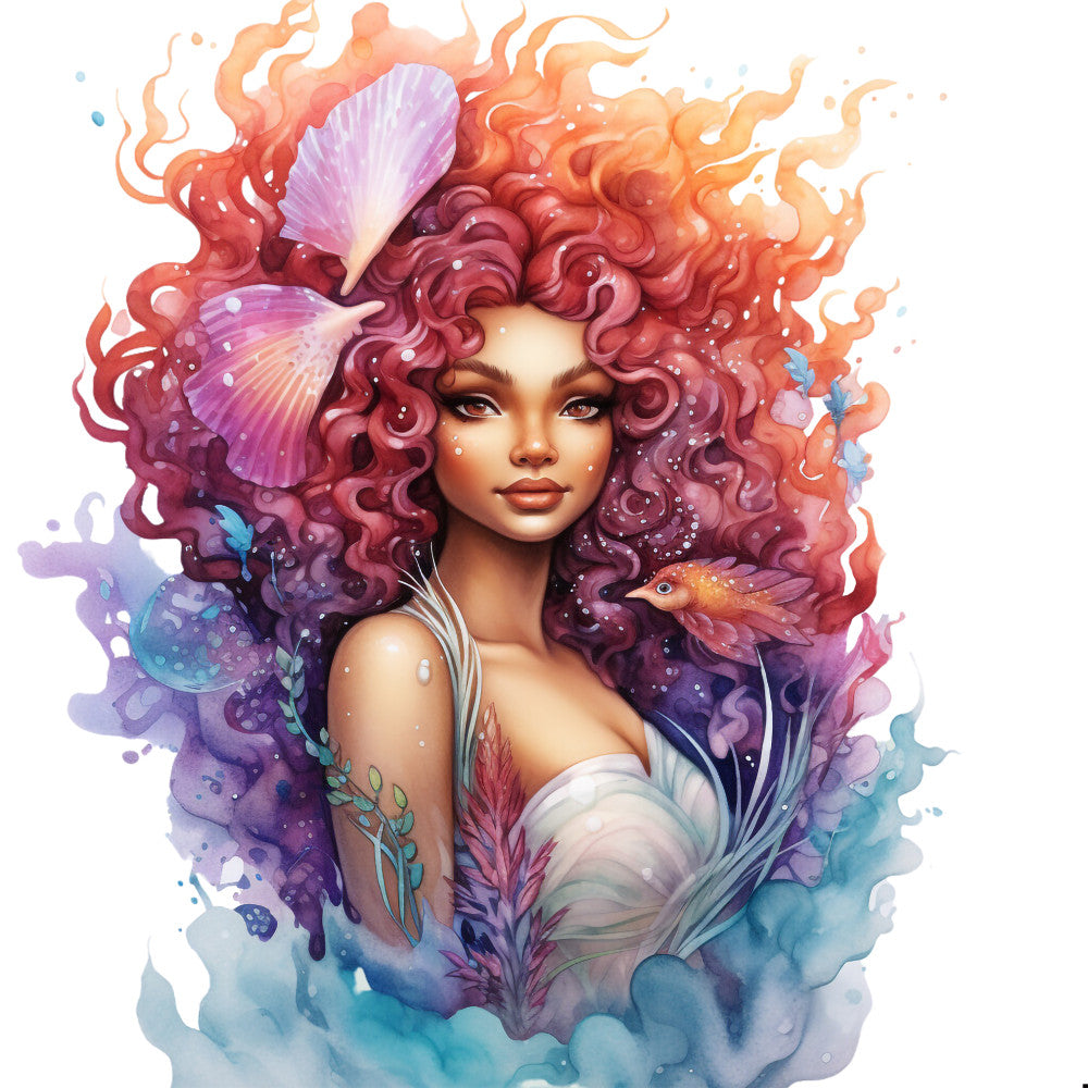 mermaid, fantasy art, watercolor style, purple hair, curly hair, seashells, ocean theme, coral pink, turquoise blue, lavender purple, flowing waves, underwater scene, mythical creature, fabric panel, quilting cotton, whimsical design, sea life, feminine figure, magical artwork, aquatic motif