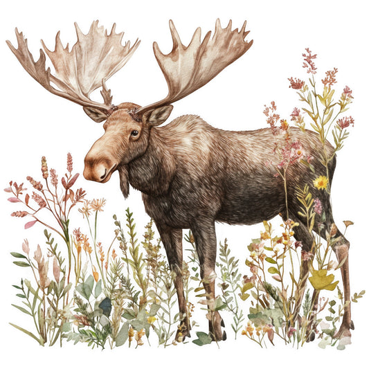moose, wildlife, antlers, brown, tan, beige, botanical, wildflowers, watercolor style, nature scene, fabric panel, quilting, cotton panel, forest animals, meadow, autumn colors, pink flowers, green foliage, realistic illustration, woodland theme