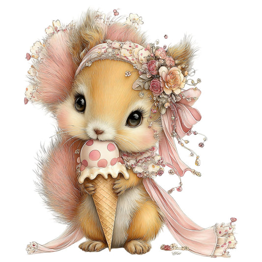 cute animal, squirrel, ice cream cone, floral, roses, flowers, blush pink, coral pink, cream, tan, gold, peach, pastel, whimsical, sweet, adorable, feminine, romantic, vintage, tea party, dessert, fantasy, illustration, children's, baby, spring, summer, elegant, decorative, wall hanging