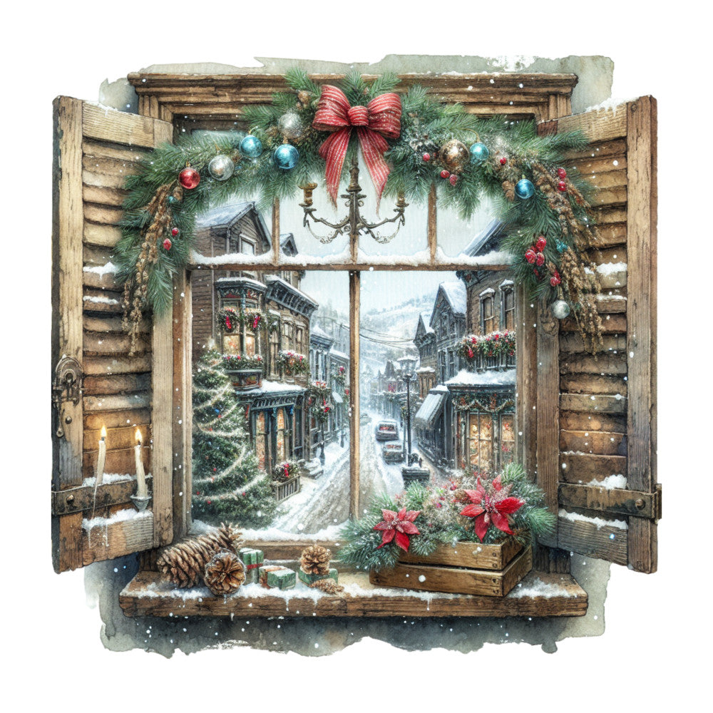 brown, green, red, blue, gold, vintage window, wooden shutters, christmas garland, ornaments, bow, snowy village, winter scene, pine cones, poinsettia, chandelier, fabric panel, quilting cotton, holiday theme, festive decoration, rustic style