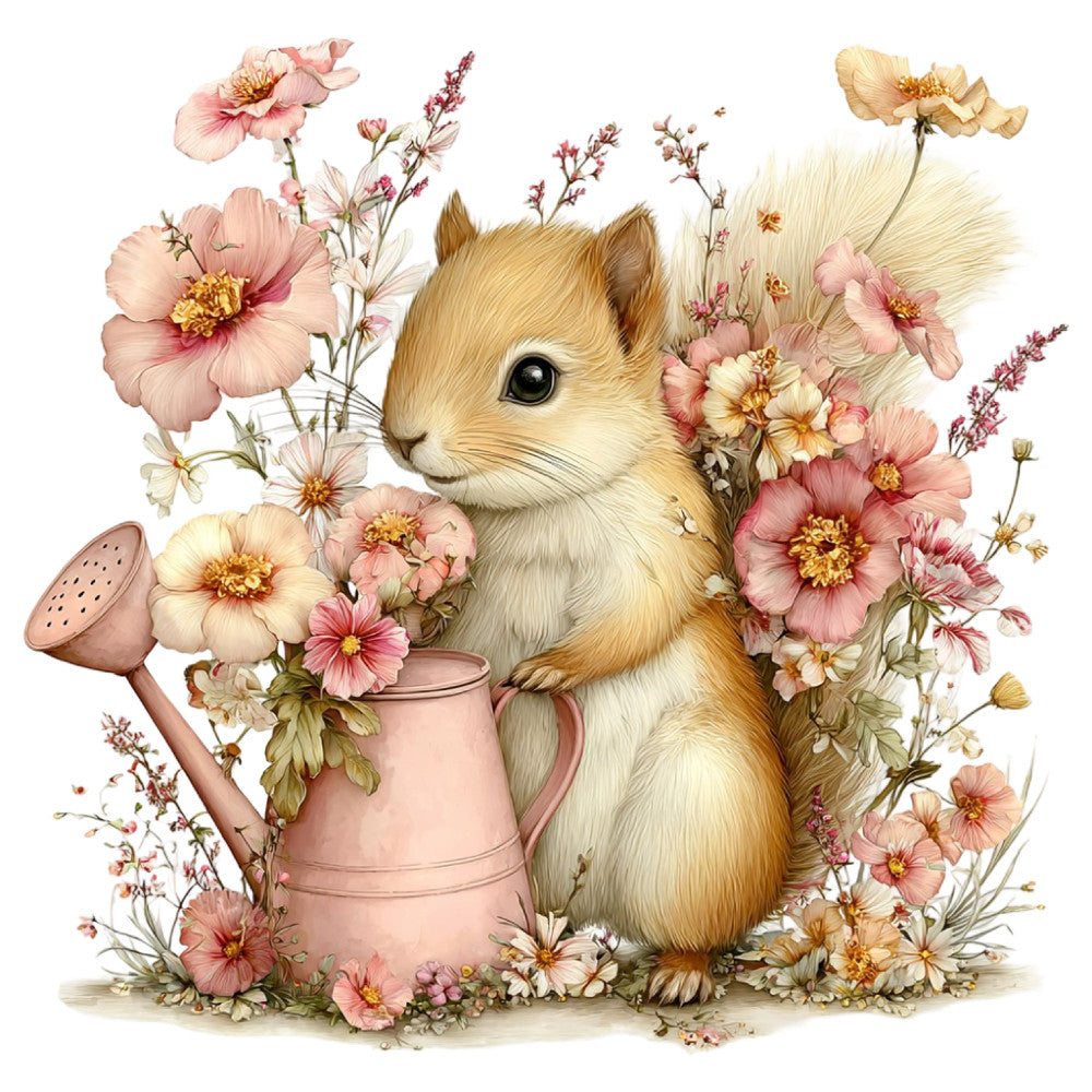cute squirrel, woodland animals, forest creatures, pink flowers, cream flowers, pastel pink, blush pink, soft yellow, dusty rose, ivory, garden floral, cosmos flowers, daisy, wildflowers, watering can, gardening theme, spring, nature, whimsical, romantic, vintage botanical, cottage core, farmhouse style, children's, baby animals, nursery, storybook illustration, delicate, soft palette, enchanted garden