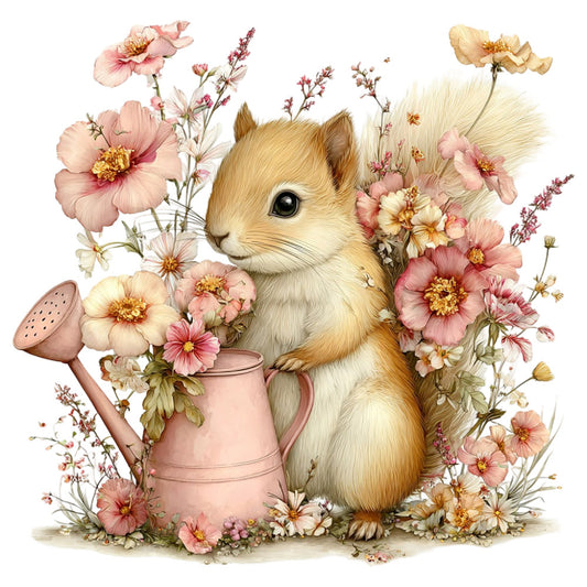 cute squirrel, woodland animals, forest creatures, pink flowers, cream flowers, pastel pink, blush pink, soft yellow, dusty rose, ivory, garden floral, cosmos flowers, daisy, wildflowers, watering can, gardening theme, spring, nature, whimsical, romantic, vintage botanical, cottage core, farmhouse style, children's, baby animals, nursery, storybook illustration, delicate, soft palette, enchanted garden