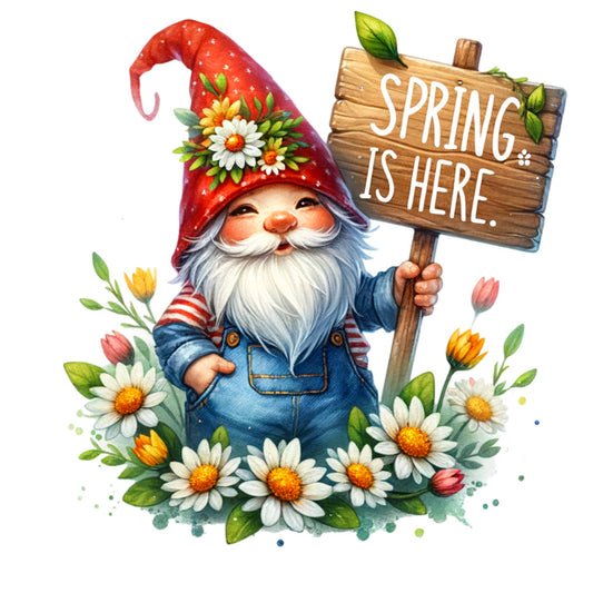 red hat, garden gnome, white beard, blue overalls, spring flowers, daisies, tulips, wooden sign, watercolor style, floral arrangement, cheerful character, fabric panel, quilting cotton, spring theme, botanical elements, whimsical design, bright colors, green leaves, yellow centers, decorative motifs