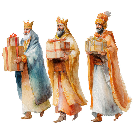 three wise men, magi, kings, crowns, robes, gifts, presents, boxes, watercolor style, nativity scene, christmas, religious, biblical, gold, orange, blue, gray, white, fabric panel, quilting cotton, holiday fabric