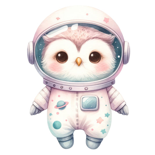 astronaut owl, pastel pink, soft purple, dusty blue, cute animals, whimsical, space theme, celestial, stars, planets, baby nursery, children's, adorable, kawaii, gender neutral, soft colors, illustrated, storybook, baby quilt, wall hanging, nursery decor, cosmic, dreamy, playful, woodland animals, birds, sweet, gentle, soft aesthetic, modern whimsical