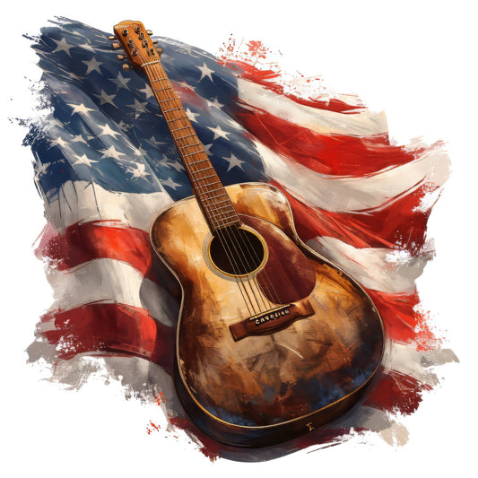 american flag, patriotic, guitar, acoustic guitar, music, musician, americana, stars and stripes, red white and blue, navy blue, cream, red, watercolor, abstract, artistic, grunge, distressed, vintage, rustic, modern, music lover, independence day, fourth of july, memorial day, veteran, country music, folk music, americana theme, wall art, home decor