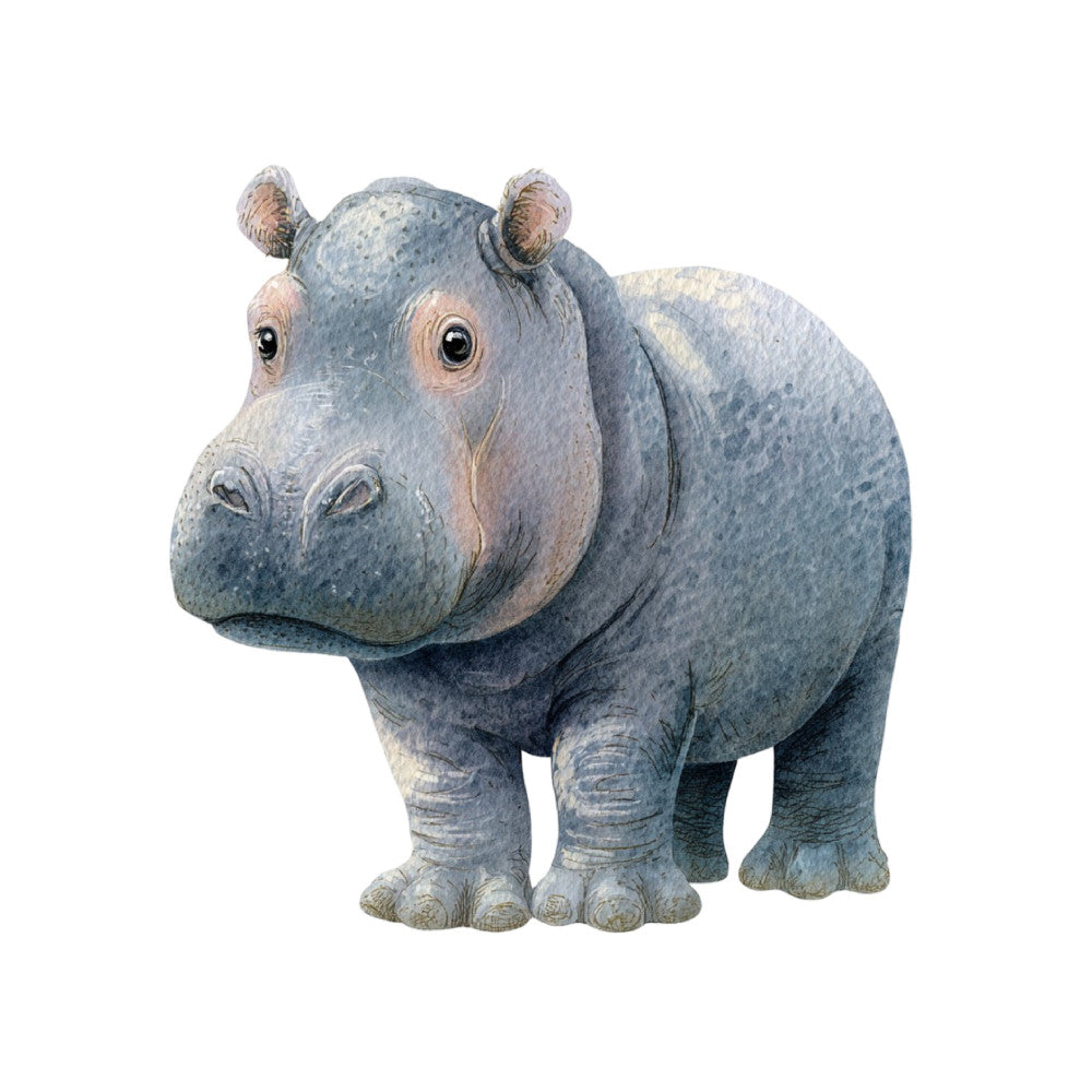 hippopotamus, hippo, animal, wildlife, gray, grey, blue-gray, slate blue, tan, beige, cream, naturalistic, illustration, realistic, children's, kids, nursery, baby, whimsical, playful, storybook, cute, gentle, safari, zoo, pond life, water animals, nature, adorable, sweet