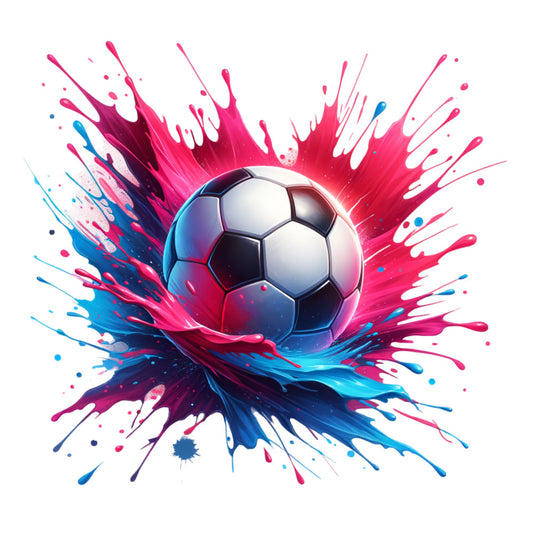 watercolor style, soccer ball, paint splash, pink, magenta, blue, turquoise, white background, sports theme, fabric panel, quilting cotton, modern art, abstract splashes, athletic motif, vibrant colors, geometric soccer pattern, artistic explosion, contemporary design, craft fabric, sewing material