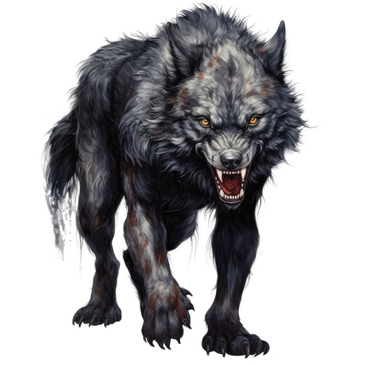 dark gray, charcoal, black, white, amber eyes, wolf, aggressive, snarling, fantasy, mythical creature, animal portrait, supernatural, gothic, dark fantasy, fierce, menacing, horror, dramatic, realistic, detailed illustration, animal design, fantasy art, halloween, spooky, mystical, wall art, decorative panel, statement piece, adult aesthetic