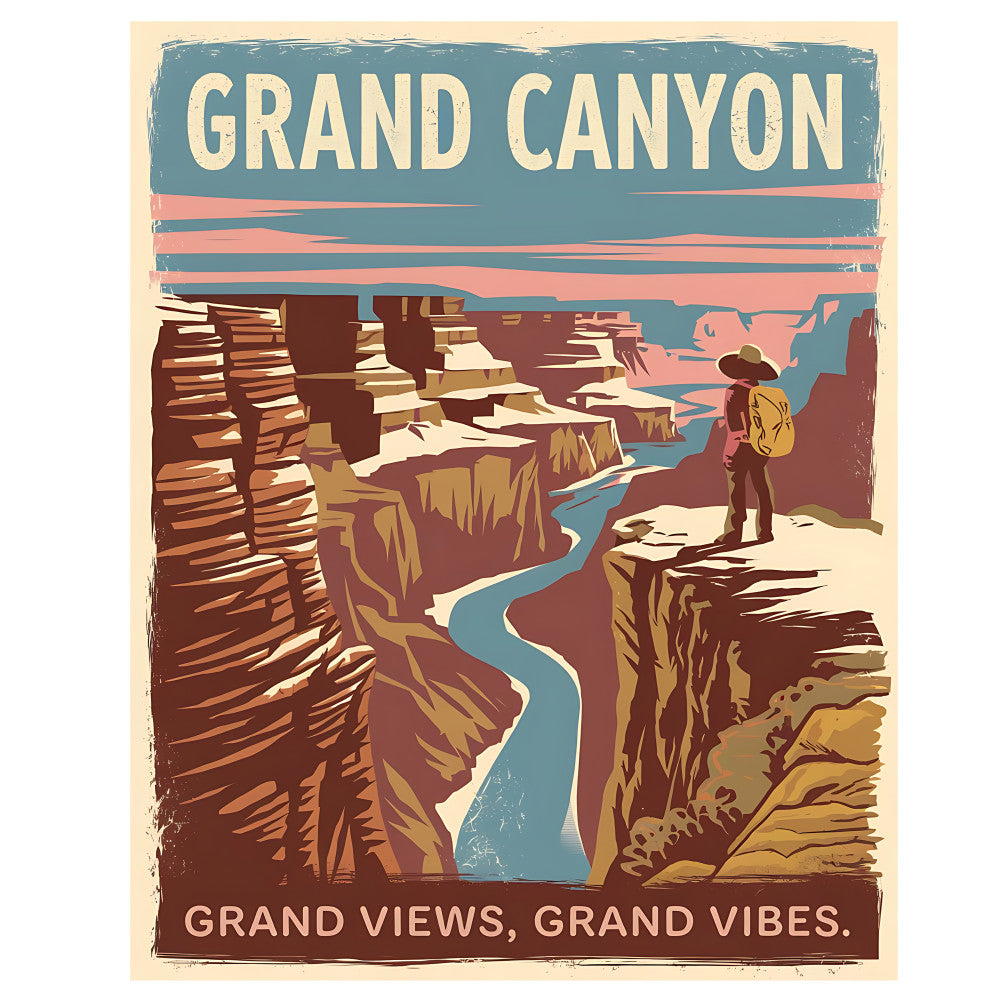 retro poster, vintage travel, grand canyon, desert landscape, canyon vista, hiker silhouette, blue river, layered rock formations, salmon pink, dusty blue, cream beige, burnt orange, brown tones, outdoor adventure, national park, southwestern scene, fabric panel, quilting cotton, geometric layers, travel poster style