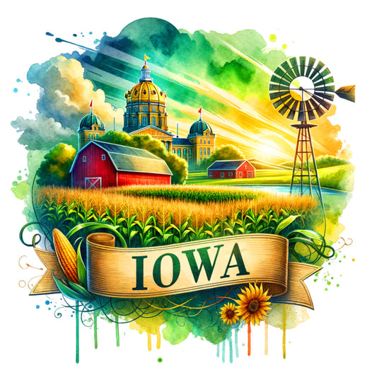 US States Retro Travel Fabric Panel 42 featuring Iowa farmland with barn, windmill, cornfield, and state capitol in vibrant watercolor style.