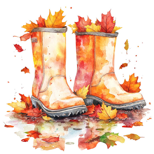 autumn boots, fall leaves, maple leaves, rain boots, watercolor, watercolor leaves, orange, red, golden yellow, cream, rust, warm colors, nature, seasonal, autumn, fall, whimsical, artistic, botanical, leaf motifs, abstract watercolor, splatter effect, puddles, rainy day, cozy, harvest, rustic, cottage core