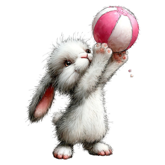 cute bunny, rabbit, pink and white, gray and white, soft gray, hot pink, baby animals, whimsical, playful, children's, kids, beach ball, toy ball, striped ball, adorable, sweet, nursery, baby quilt, wall hanging, storybook, illustrated, charming, springtime, pastel, animal friends, fuzzy, fluffy, decorative panel
