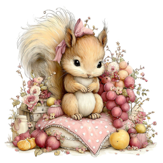 cute squirrel, woodland animals, spring, floral, roses, pink flowers, dusty rose, cream, tan, gold, blush pink, whimsical, vintage, soft, gentle, nature, garden, fruits and vegetables, grapes, apples, onions, pumpkins, cottage core, sweet, delicate, baby, children, storybook, illustration style, feminine