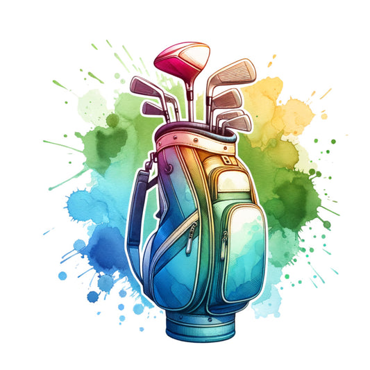 watercolor, golf bag, golf clubs, sports theme, blue gradient, green splash, yellow accents, turquoise, teal, fabric panel, quilting cotton, athletic design, recreation theme, painterly style, artistic splash, golf equipment, sporting goods, vibrant colors, modern illustration, craft fabric
