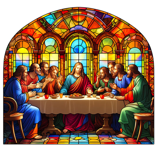 stained glass, religious, spiritual, last supper, jesus christ, apostles, biblical, christian, religious art, arched windows, vibrant colors, jewel tones, deep blue, rich red, golden yellow, orange, emerald green, purple, traditional, elegant, ornate, dining scene, historical, iconic, faith-based, church, devotional, table gathering, dramatic lighting, colorful