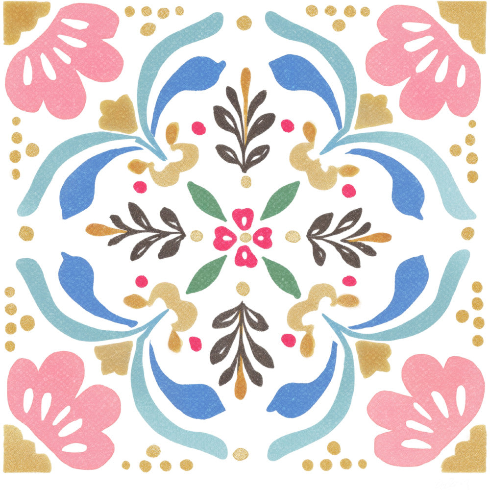 coral pink, royal blue, teal blue, sage green, gold, charcoal brown, floral, geometric, symmetrical, mandala, folk art, bohemian, whimsical, nature-inspired, traditional, modern, spring, summer, decorative blooms, leafy sprigs, ornamental swirls, curved flourishes, dot accents, medallion design, botanical, cottage style, vibrant, cheerful, home décor, quilting cotton