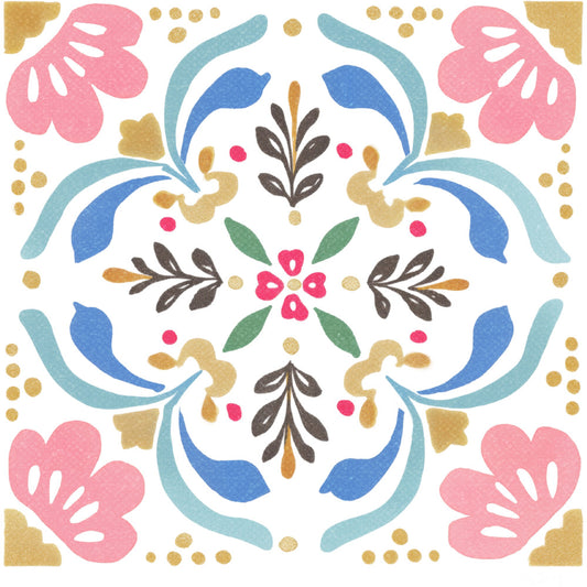 coral pink, royal blue, teal blue, sage green, gold, charcoal brown, floral, geometric, symmetrical, mandala, folk art, bohemian, whimsical, nature-inspired, traditional, modern, spring, summer, decorative blooms, leafy sprigs, ornamental swirls, curved flourishes, dot accents, medallion design, botanical, cottage style, vibrant, cheerful, home décor, quilting cotton