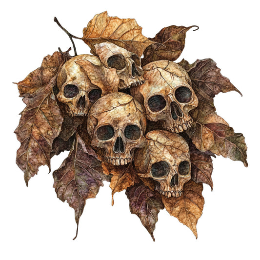 autumn, fall, halloween, spooky, skulls, leaves, dried leaves, brown, tan, cream, dark brown, bronze, nature, gothic, memento mori, vintage, rustic, whimsical, dark, moody, skeleton, death, botanical, foliage, earth tones, harvest, october, seasonal, wall hanging, home decor