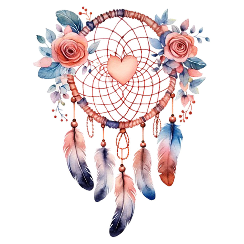 Watercolor Dream Catcher Fabric Panel 9 featuring a delicate heart center, pink roses, and soft pastel feathers on premium quilting cotton.