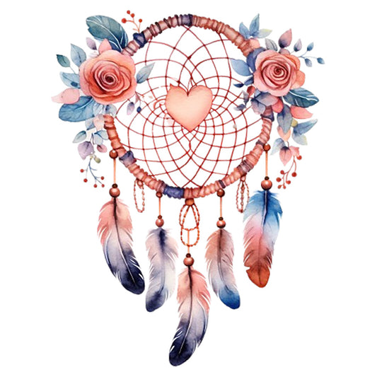 Watercolor Dream Catcher Fabric Panel 9 featuring a delicate heart center, pink roses, and soft pastel feathers on premium quilting cotton.