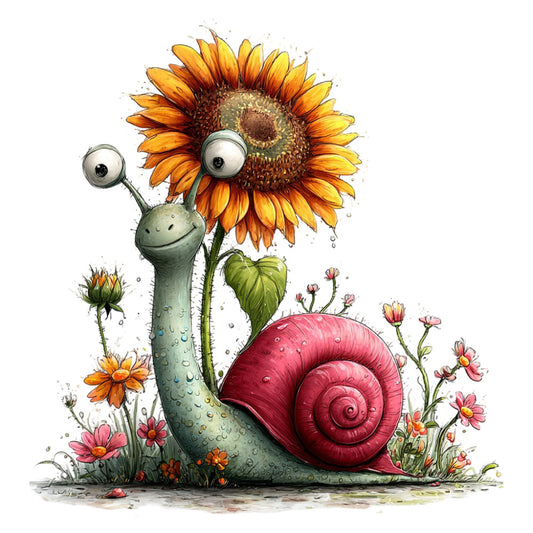 sunflower, snail, whimsical, garden, nature, animals, insects, spring, summer, yellow, orange, coral pink, dusty rose, sage green, charcoal gray, floral, botanical, children's, playful, storybook, cute, fantasy, cottage core, folk art, illustrated, vibrant, colorful, woodland, daisy, flowers