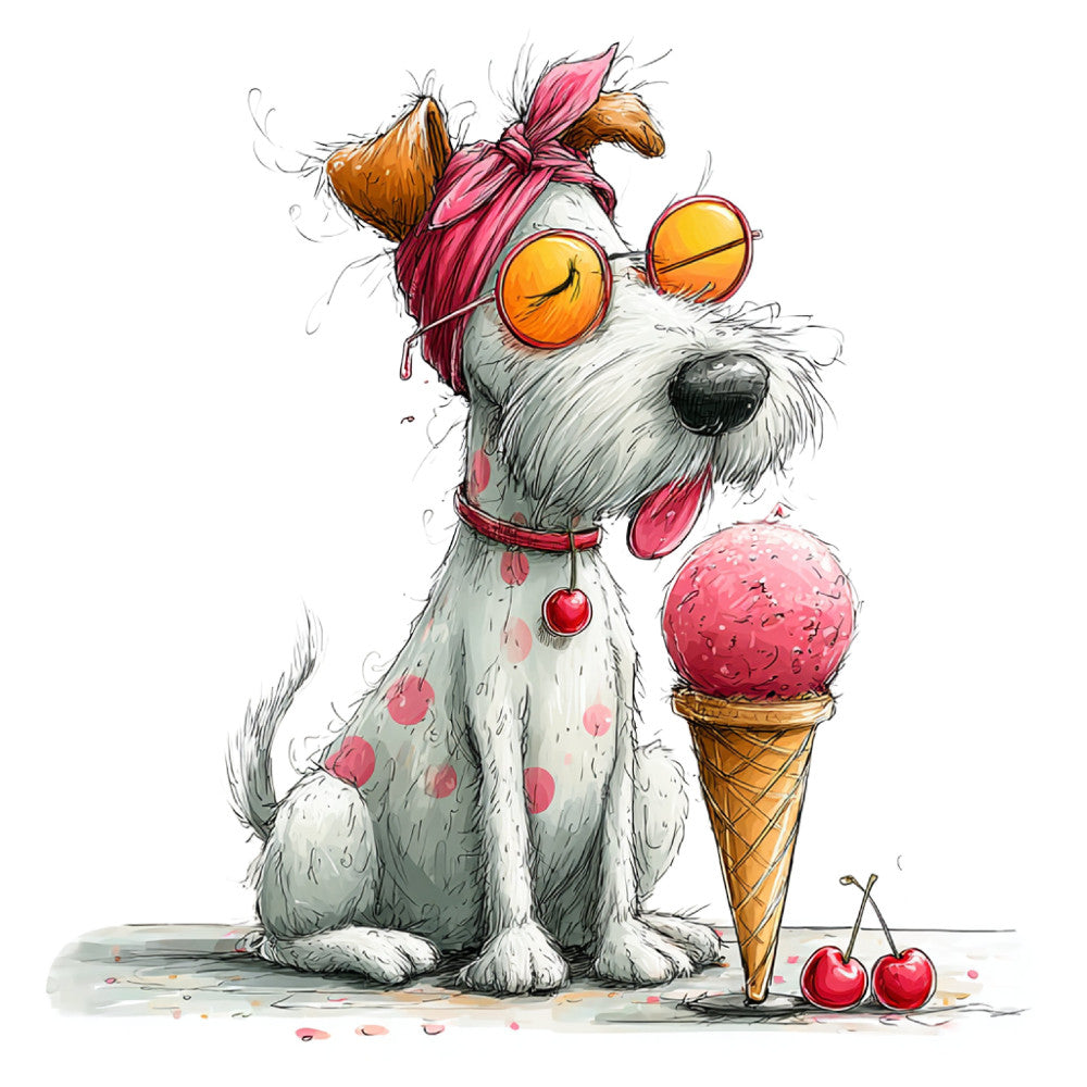 whimsical dog, playful puppy, ice cream cone, pink ice cream, golden yellow, white dog, coral pink, terracotta brown, cute animal, fun character, children's illustration, summer theme, dessert motif, cherry fruit, happy expression, oversized sunglasses, pink bow, polka dots, food theme, sweet treats, vibrant colors, charming design, kids fabric, playful style, illustration art, dog lover, animal lover, cheerful, colorful, novelty print