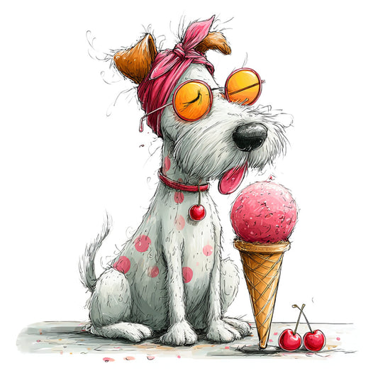 whimsical dog, playful puppy, ice cream cone, pink ice cream, golden yellow, white dog, coral pink, terracotta brown, cute animal, fun character, children's illustration, summer theme, dessert motif, cherry fruit, happy expression, oversized sunglasses, pink bow, polka dots, food theme, sweet treats, vibrant colors, charming design, kids fabric, playful style, illustration art, dog lover, animal lover, cheerful, colorful, novelty print