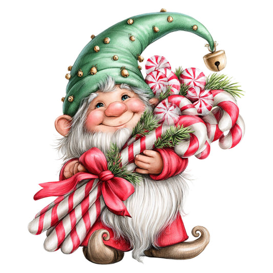christmas gnome, holiday gnome, peppermint candy, red and white striped, forest green, white beard, candy canes, festive, whimsical, christmas theme, vintage gnome, traditional holiday, red fabric, green hat, bells, pine needles, candy motif, seasonal, christmas decoration, jolly gnome, retro christmas, holiday whimsy, winter theme, candy striped, elf gnome, decorative panel, christmas panel, holiday fabric, festive gnome