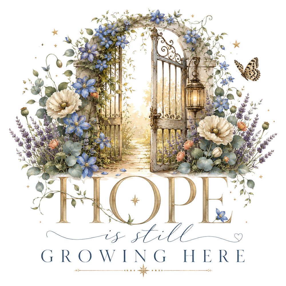 hope, inspirational, floral, blue flowers, lavender, cream, gold accents, botanical, vintage, romantic, gate, pathway, lantern, butterfly, stars, nature, garden, elegant, whimsical, spring, summer, cottage core, shabby chic, decorative, motivational quote, delicate flowers, soft colors, rustic charm, wall hanging, inspirational art