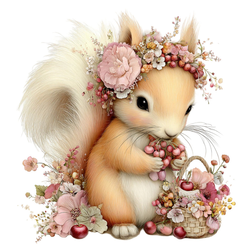squirrel, floral, animals, nature, woodland, spring, whimsical, vintage, blush pink, dusty rose, coral pink, cream, soft peach, apricot, forest animals, cute, gentle, baby quilt, nursery, wall hanging, flowers, roses, berries, fruit, basket, pastel colors, romantic, feminine, cottage core, botanical