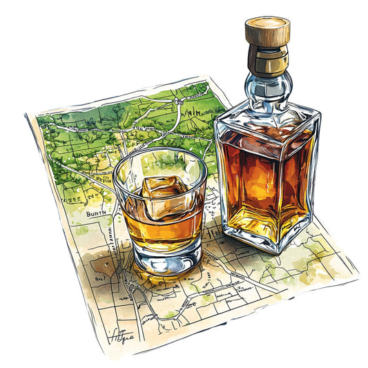 bourbon bottle, whiskey glass, topographic map, amber liquid, golden brown, forest green, cream background, watercolor style, kentucky geography, drinking theme, square glass bottle, cork stopper, ice cubes, distillery art, fabric panel, quilting cotton, masculine design, travel map, landscape illustration, alcohol motif